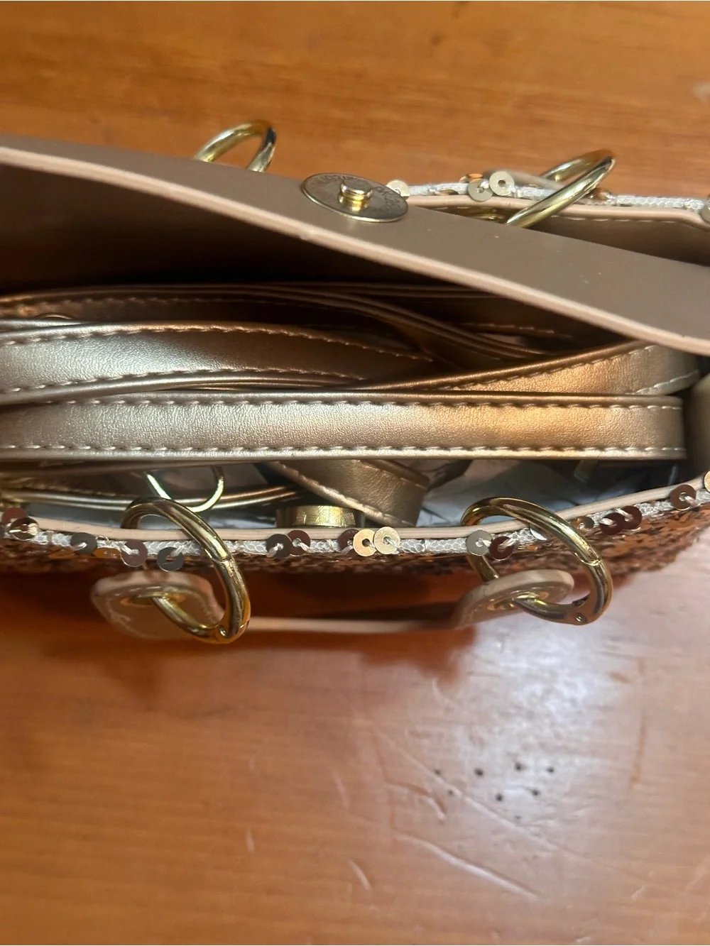 ✨ Girls Champagne Sequin Mini Handbag Pearl Handle Crossbody Strap New